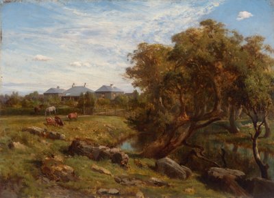 Terrinallum Huis en Emu Creek vanaf de lagere tuindeur door Louis Buvelot
